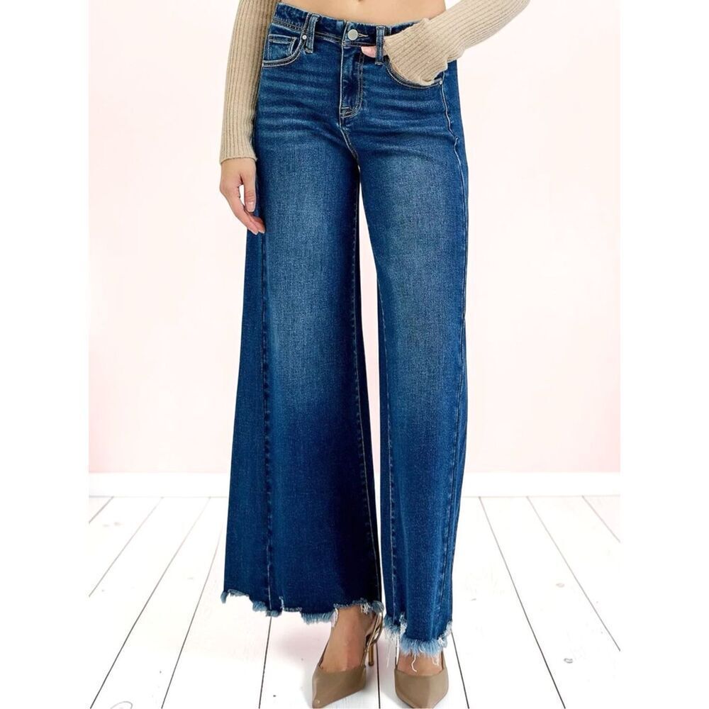 Risen High Rise Dark Wash Wide Leg Raw Hem Stretch Denim Jeans NWT - Picture 13 of 14